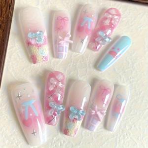 TEMU 10개입 핸드페인팅 Y2K 플로럴 체리 프레스온 네일 - 숏 발레 쉐입, 꽃 & 하트 디자인, 광택감 파티, 프롬, 데일리웨어용 핸드 & 풋 네일 아트