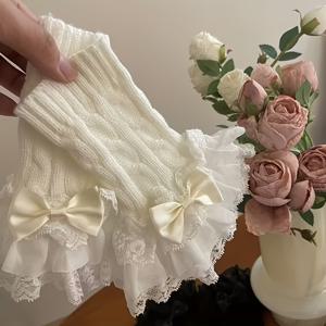 TEMU 일본 스타일의 패셔너블한 레이스 보우 장갑 한 쌍, 개인 맞춤형 단색 탄성 보온 핑거리스 장갑, 두꺼운 겨울 방한 장식용 손목 슬리브 - 캐주얼 스타일 팔토시, 일상복 및 장식용으로 적합