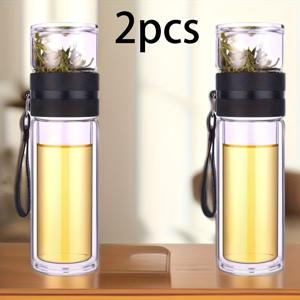 TEMU 2개 대용량 차 & 물 분리 유리컵, 이중층 비즈니스 글라스 컵, 휴대용 남성용 투명 티 인퓨저 머그잔