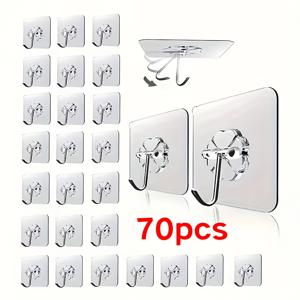 TEMU 70개 다용도 접착식 강력 벽걸이 후크 | 투명, 흔적 없음, 재사용 가능, 손상 없음, 못 없이 설치, 욕실 및 주방에 적합, 다용도 후크