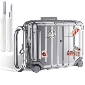 TEMU 에어팟 프로 3/4 호환 케이스, 귀여운 캐리어 디자인 에어팟 프로 3/4세대 케이스, 여성 남성용 패션 보호 하드 케이스 (키체인 및 클리너 키트 포함, 실버)