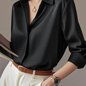 TEMU 여성용 흰색 긴팔 프로페셔널 셔츠. 노출 방지를 위한 숨겨진 버튼 디자인, 우아한 단색 드레스 셔츠. 봄, 가을에 적합하며 비즈니스 및 공식적인 환경에 이상적인 칼라 디자인.|여성원피스|가을원피스|드레스