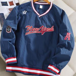 TEMU 트렌디한 남성용 V넥 풀오버 디자인 스웨트셔츠, 슬림핏, 대학 운동복 스타일, 편안한 커뮤터 스웨트셔츠, 레터 패치 패턴, 대조 컬러 리브드 칼라|패션