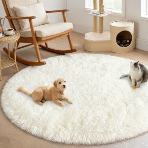 TEMU 1개 오프화이트 원형 롱필 플러시 러그 | 푹신하고 부드러운 폴리에스터 러그 | 거실, 침실, 서재에 적합 | 기계 제작, 드라이 크리닝만 가능