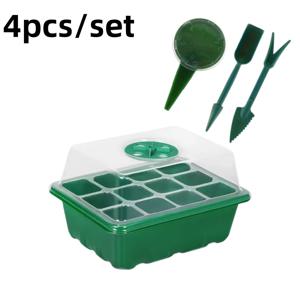 TEMU 뚜껑이 있는 12구 모종 트레이 4개 + 식물 가드닝 도구 세트 3개 - 환기 커버와 보습 베이스가 포함된 휴대용 온실 키트, 채소, 꽃, 허브에 적합, 플라스틱 소재, 전기 불필요