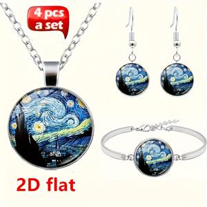 TEMU 2D 플랫, 2D 플랫 패션 참 주얼리 세트 오일 페인팅 라운드 글라스 아연 합금 펜던트 목걸이 귀걸이 팔찌 세트 (총 4개) 여성용 패션 선물, 2D 플랫