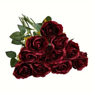 TEMU 10개 인공 버건디 장미 긴 줄기 - 결혼식 부케, 신부 샤워 및 파티 장식용 리얼리스틱 장미, 17.6인치 우아한 센터피스, 부케 액세서리