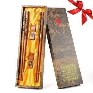 TEMU 중국 용과 봉황 패턴이 있는 재사용 가능한 나무 젓가락 2쌍, , 결혼식, 크리스마스, 어버이날, 추수감사절, 생일을 위한 스탠드 및 상자가 포함된 중국 전통 패션 선물 세트