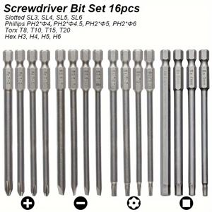 TEMU 슬롯, 십자, 사각, Torx 타입의 자석 드라이버 비트 세트. 전동 드릴과 함께 사용하도록 설계되었으며, 긴 팁과 정밀한 고정력을 특징으로 합니다.