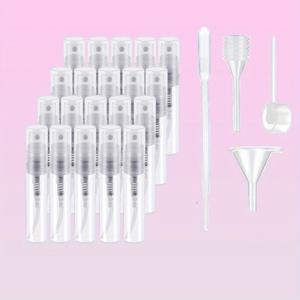 TEMU 미니 투명 플라스틱 스프레이 병 20개와 여행용 액세서리 4개 세트(드롭퍼, 깔때기, 스프링 빨대, 디스펜서) - 휴대 가능하고 리필 가능한 향수, 청소 용액 또는 액체용 재사용 가능, 향수 리필 병