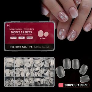 TEMU 숏 라운드 인조 네일 팁 - 아크릴 풀 커버 네일 팁 300개, C 커브 없는 15가지 사이즈, 초보자 및 네일 연장용 살롱용 올 매트 소프트 젤 네일 팁