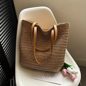 TEMU 여름 풀 짠 가방 휴가 스타일 여성용 대용량 학생용 원숄더 핸드헬드 캐주얼 프렌치 토트백