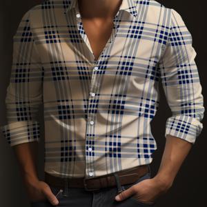 TEMU 1830 프린팅 대형 체크 363 버전 플라켓 육각형 칼라 패션 캐주얼 긴팔 드레스 셔츠