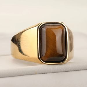 TEMU 316L 스테인리스 스틸 재질의 남성용 반지, 천연 호랑이 눈 스톤 장식, 골드 엔드, 간편하면서도 빈티지 디자인, 남성을 위한 선물로 완벽
