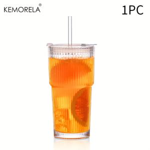 TEMU KEMORELA 1/2개 INS 대용량 세로 줄무늬 유리컵 (뚜껑 있음/없음), 차가운 음료컵, 주스 커피컵, 물컵|텀블러