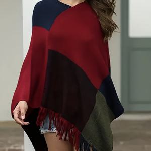 TEMU 플러스 사이즈 - 플러스 사이즈 가을/겨울 스타일리시 컬러 블로킹 풀오버 배트윙 스웨터 코트 여성용, 케이프 숄.