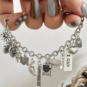 TEMU 1개 철 합금 펜던트 팔찌, 패셔너블한 커피컵, 달, 나비, 하트, 글자, ICAN, 음표 펜던트 팔찌, 자매와 커플을 위한 선물