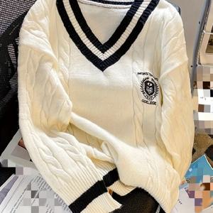 TEMU 유럽&미국 가을/겨울 신상 컬러블록 브레이드 패턴 배지 V넥 풀오버 스웨터 코트