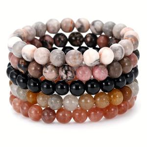 TEMU 천연 핑크 얼룩말 자갈 보석 5구슬 레트로 팔찌 - 천연 무코팅 구슬, 자연스러운 변화, 캐주얼 복장, 8mm 라운드 구슬, 캐주얼 & 드레시 의상용 5구슬 체인, 사계절 액세서리 5개 세트