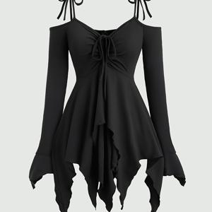 TEMU 여성용 블랙 롱슬리브 드레스 - 프론트 타이 & 플리츠, 고딕 로맨틱 스위트 큐트 스트랩 불규칙 핏 바디콘 솔리드 컬러 심플 스타일리시 할로윈 이스터