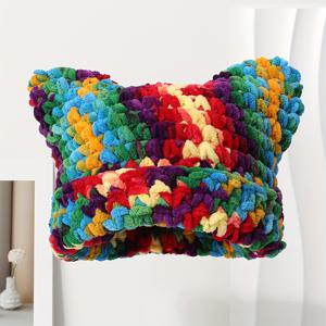 TEMU Y2K 패션 고양이 귀 비니 모자, 100% 수제 크로셰 플러시 풀오버, 탄력 있는 가벼운 따뜻한 겨울 헤드웨어, 타이다이 패턴, 고양이 모자