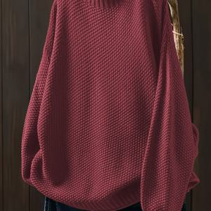 TEMU 플러스 사이즈 - ELEGANTSUT 플러스 사이즈 여성용 하이넥 풀오버 스웨터, 캐주얼 긴소매, 단색, 중간 정도의 신축성, 편안한 가을 겨울 착용, 부드럽고 피부 친화적, 데일리 스타일에 이상적, 포근하고 패셔너블, 라지 사이즈