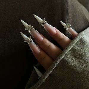 TEMU 롱 스틸레토 프렌치 스타일 나비 프레스온 네일 - 24개입 롱 포인트 글램 메탈 네일 팁, 페어 라이트 베이지, 네일 아트 스티커