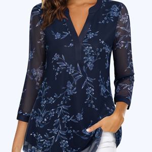 TEMU 여성용 7/8 소매 캐주얼 V넥 셔츠, 이중 레이어 메쉬 및 허리 가는 포인트