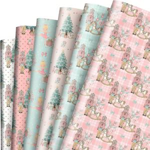 TEMU 28'' X 20'' 크리스마스 포장지 6롤 세트 (너트크래커, 크리스마스 트리, 발레 디자인), 품질 선물 포장 (다양한 블루 & 핑크 패턴), 여아용 꽃다발 선물 장식에 적합
