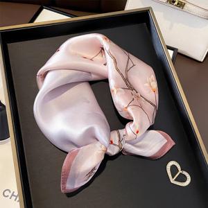 TEMU 여성용 중국 스타일 실크 스카프, 플로럴 디자인의 사각 실크 손수건