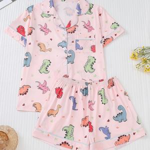TEMU 쉬운 관리, 여성용 귀여운 공룡 파자마 세트 - 편안한 반팔 버튼업 탑 & 신축성 있는 허리 쇼츠, 사계절용 라운지웨어
