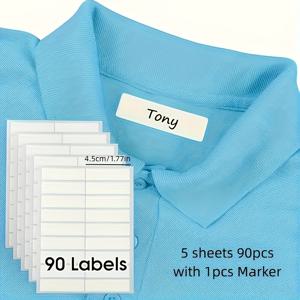 TEMU GDGDSY 90개 자체 접착식 의류 라벨 - 다림질 불필요, 세탁기 및 건조기 안전, 방수 쓰기 가능한 이름표 옷, 가방, 병, 캠핑 및 정리용 - 손글씨 폰트 포함 5장 (흰색 종이)