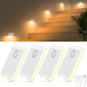 TEMU 4/8개 모션 센서 실내 조명, 충전식 벽부착형 야간등, 2700K & Type-C USB 충전식 계단 조명, 옷장, 욕실, 복도, 화장실용 자석 조명