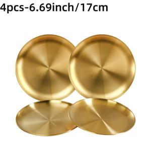 TEMU 6.69인치 골드 스테인리스 스틸 식판 4개 세트. 샐러드, 디저트, BBQ에 적합하며 주방, 캠핑 또는 야외 모임에 완벽합니다. 안전하고 건강하며 내구성이 뛰어나며 식기세척기에도 사용 가능합니다.