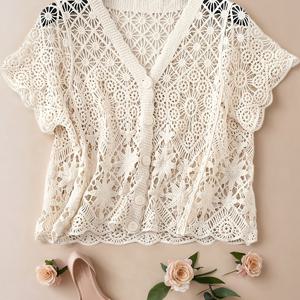 TEMU 에스닉 스타일 캐주얼 스위트 홀로우아웃 반팔 가디건