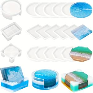 TEMU 에폭시 레진용으로 디자인된 18개 레진 코스터 몰드 세트, 아트 프로젝트 및 컵 매트 보관용 보관 상자 포함.