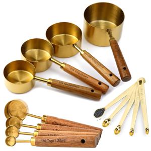 TEMU 13피스 스테인리스 스틸 계량컵 및 숟가락 세트 (미니 숟가락 포함), 나무 손잡이, 베이킹 도구, 양념숟가락, 커피숟가락, 핑크 숟가락 포함 - 주방 베이킹 필수품을 위한 특별한 선물