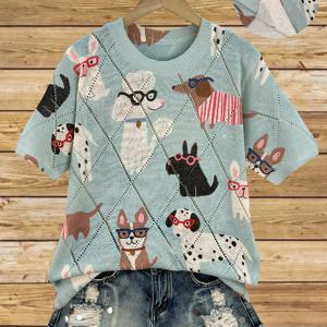 TEMU 여성용 봄 여름 캐주얼 반팔 티셔츠 - 패션 안경과 장난스러운 강아지 프린트, 세미시어 레이스 디테일 & 통기성 논스트레치 원단, 라운드넥 풀오버 비치웨어, 해변 휴가 및 캐주얼 아웃핏, 부드러운 소재, 주말복, 섬세한 제작, 휴가 옷장