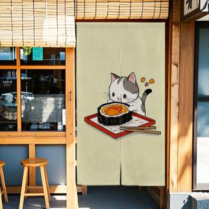 TEMU 2D 문 커튼, 만화 고양이 문 커튼 - 아시아 스타일 인공 리넨 주방 및 보관실 커튼, 스시를 먹는 귀여운 고양이 디자인, 연한 베이지색, 손세탁 전용, 쉬운 설치용 접착 테이프 포함, 계절별 홈 데코 | 아시아 영감 장식 | 손세탁 가능 원단