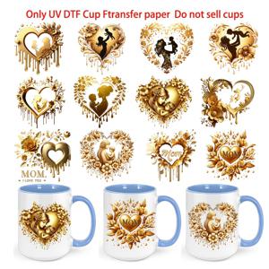 TEMU 골든 하트 플라워 MOM 어머니날 디자인, UV DTF 열전사 스티커 세트 (12개), 만화 패턴, 스크래치 방지 3D 비닐 필름 스티커, 유리컵·머그·냉장고용 고품질 DIY 아트 라벨