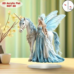 TEMU 스타일 2D 아크릴 플랫 피규어 1개 - 매혹적인 요정 공주 & 위엄 있는 유니콘 판타지 장식, 우아한 연청색 시리즈 조각상, 집/사무실용 데스크탑 디스플레이 - 동화 애호가 및 기발한 장식을 좋아하는 사람들을 위한 수집품, 요정 테마, 정교한 디자인의 2D 플랫