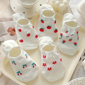 TEMU 5켤레의 투명 여성용 보트 삭스, 체리와 딸기 과일 패턴의 흰색, 초박형 여름 양말, 귀엽고 편안한 캐주얼 양말, 일상복으로 다용도로 활용 가능, 종이 카드 없음