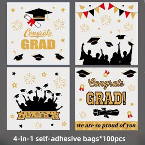 TEMU 100개입, 졸업 시즌 4-In-1 자체 접착 백, 졸업 모자, 학사모, 졸업 축복 패턴, 파티 선물 포장 백.