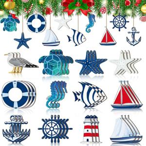 TEMU 24개 나무 해양 장식 세트. 여름 해변 테마이며, 앵커, 구명 부표, , 요트를 포함한 걸이 장식이 특징입니다. 해안 장식용 물고기 네트 공예이며, 로프가 함께 제공됩니다.