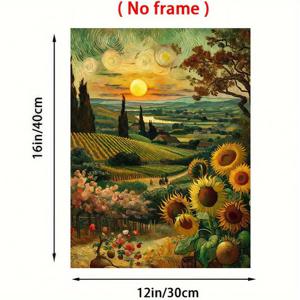 TEMU 반 고흐 해바라기와 석양 무테 캔버스 프린트 1개 - 현대 클래식 아르데코 수직 벽 예술, 거실/침실/사무실/화장실/식당 장식을 위한 고품질 생동감 있는 풍경 포스터 - 완벽한 선물 아이디어, 대형 캔버스 벽 예술