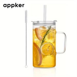 TEMU 핸들과 뚜껑이 있는 26oz 대형 리브드 유리 - 얼음 커피, 차, 칵테일을 위한 투명 재사용 가능한 수직 줄무늬 디자인 - 뜨거운 음료와 차가운 음료에 완벽, 추수감사절, 아버지의 날, 어머니의 날, 졸업 선물, 음료 컵에 적합 | 내구성 있는 유리 | 핸들 장착 유리|텀블러