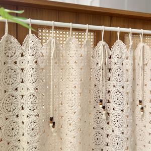 TEMU 1개 레트로 속이 빈 원형 패턴 베이지색 짧은 커튼 | 폴리에스터, 빛 차단, 끈형 상단, 얀 염색, 사계절 주방 캐비닛 및 카페 창문 장식