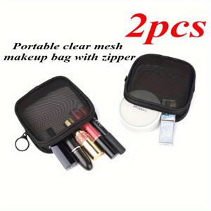 TEMU 지퍼가 달린 휴대용 투명 메시 메이크업 가방 2개 세트 - 화장품, 세면도구 및 기타 용품 정리를 위한 미니 사각 파우치