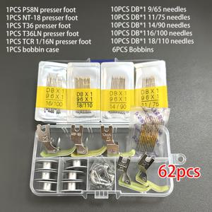 TEMU 62개 재봉틀 액세서리 세트 - 플랫베드 P58N, NT-18, T36, T36LN, TCR1/16용 5개의 압착 발, DB*1 9/65, DB*/75, DB*1 14/90, DB*1 16/100, DB*1 18/110 바늘 50개, 보빈 6개, 보빈 케이스 1개 포함