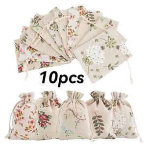 TEMU 10개 세트 천연 리넨 끈끈이 선물봉투 - 러스틱 플로럴 프린트, 꽃무늬, 황마끈 마감, 보석, 사탕, 화장품 및 웨딩/샤워 선물용 내구성 봉투